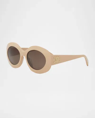 Celine Triomphe Round Acetate Sunglasses In Shiny Beige Brown