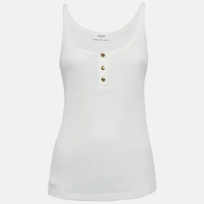 Pre-owned Celine White Rib Knit Button Detail Tank Top S