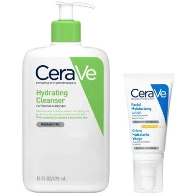 Cerave Cleanse And Protect Face Routine For Dry Skin, Hydrating Cleanser And Facial Moisturiser With Spf 50 In White