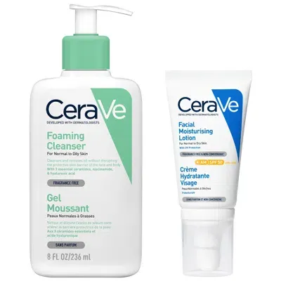 Cerave Morning Cleanse And Protect Duo For Oily Skin, Cleanser With Niacinamide And Moisturiser With Spf 50 In White