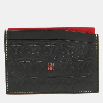 Pre-owned Ch Carolina Herrera Black/red Embossed Leather Card Holder