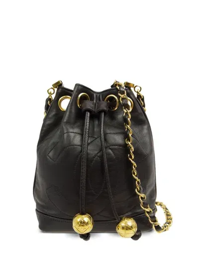 Pre-owned Chanel 1992 Cc Stitch Bucket Shoulder Bag In Black