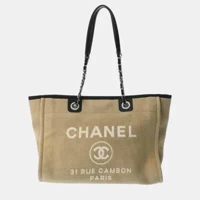 Pre-owned Chanel Beige/black Canvas/leather Deauville Chain Tote Bag