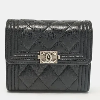 Pre-owned Chanel Black Caviar Quilted Leather Boy Trifold Wallet