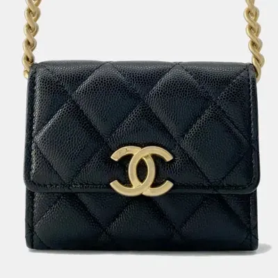 Pre-owned Chanel Black Caviar Skin Matelasse Coco Mark Chain Card Case