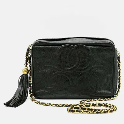 Pre-owned Chanel Black Gold Caviar Skin Leather Triple Coco Mark Bag