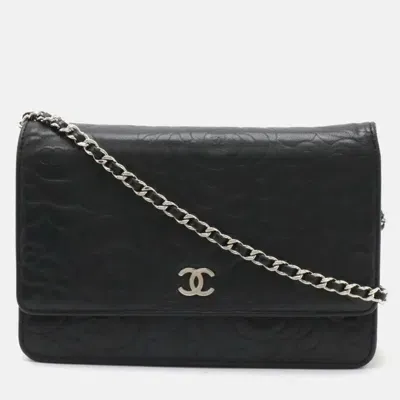 Pre-owned Chanel Black Lambskin Leather Camellia Chain Wallet Bag