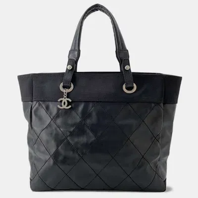 Pre-owned Chanel Black Leather Canvas Paris-biarritz Tote Bag Size Mm