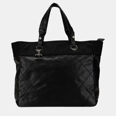 Pre-owned Chanel Black Leather Coco Mark Paris Biarritz Mm Tote Bag