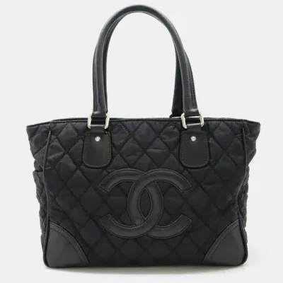 Pre-owned Chanel Black Nylon Leather Paris New York Line Matelasse Coco Mark Tote Bag