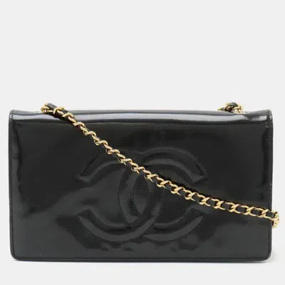 Pre-owned Chanel Black Patent Leather Coco Mark Chain Wallet