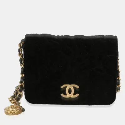 Pre-owned Chanel Black Velvet Camellia Mini Coin Purse With Chain