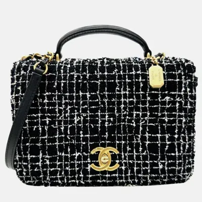 Pre-owned Chanel Black White Tweed Leather Flap Chain Shoulder Bag