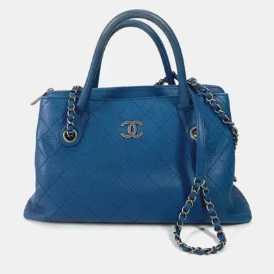 Pre-owned Chanel Blue Quilted Caviar Large Urban Shopping Tote Bag