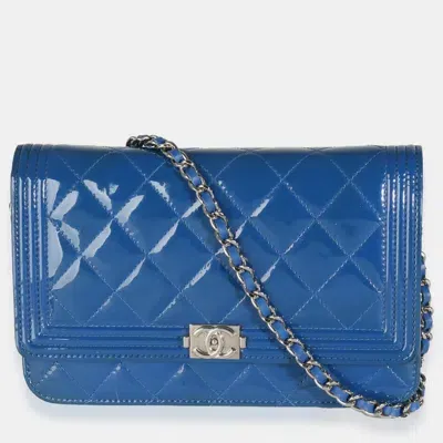 Pre-owned Chanel Blue Quilted Patent Boy Wallet On Chain