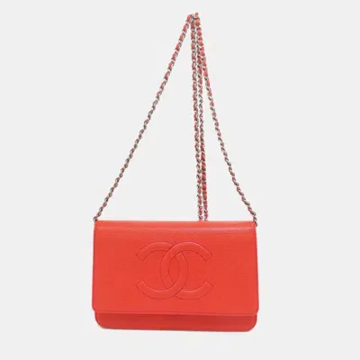 Pre-owned Chanel Caviar Skin Coco Mark Chain Wallet In Red