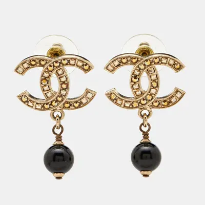 Pre-owned Chanel Cc Bead Crystals Gold Tone Drop Earrings