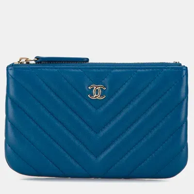 Pre-owned Chanel Chevron Lambskin O Case Pouch In Blue