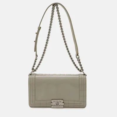 Pre-owned Chanel Greyish Enamel Leather Boy Matelasse Coco Mark Chain Shoulder Bag