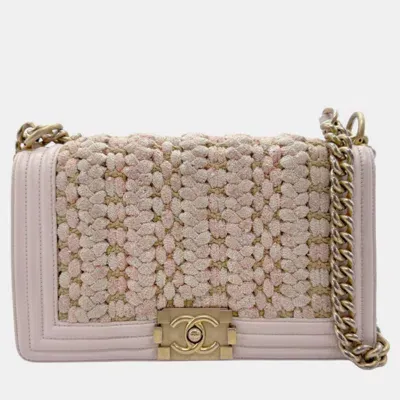 Pre-owned Chanel Light Pink Beige Gold Cotton Leather Boy Bag