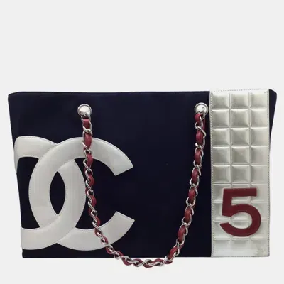 Pre-owned Chanel Navy Chocolate Bar No.5 Chain Tote Bag In Navy Blue