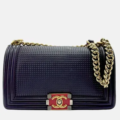 Pre-owned Chanel Navy Leather Boy Shoulder Bag In Navy Blue