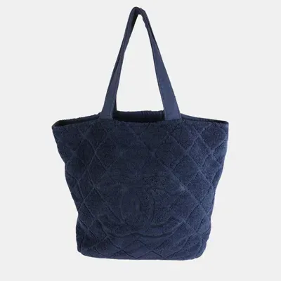 Pre-owned Chanel Navy Quilted Terry Cloth Cc Tote Bag In Navy Blue