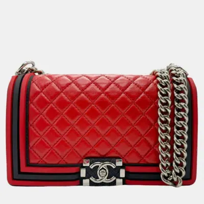 Pre-owned Chanel Red Black Silver Leather Rubber Boy Bag