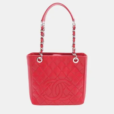 Pre-owned Chanel Red Caviar Skin (grained Calf) Matelasse Pst Tote Bag