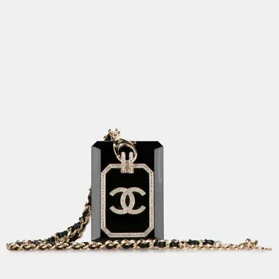 Pre-owned Chanel Rhinestone Embellished Resin And Leather Card Case Necklace In Black