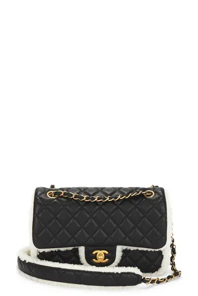 Pre-owned Chanel Shearling Quilted Leather Flap Chain Shoulder Bag In Black