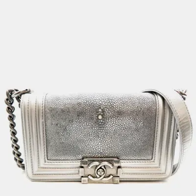 Pre-owned Chanel Silver Sticker Attached Boy Galuchat Chain Shoulder Bag