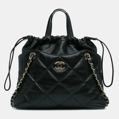 Pre-owned Chanel Small Cc Quilted Lambskin Drawstring Shopping Tote In Black