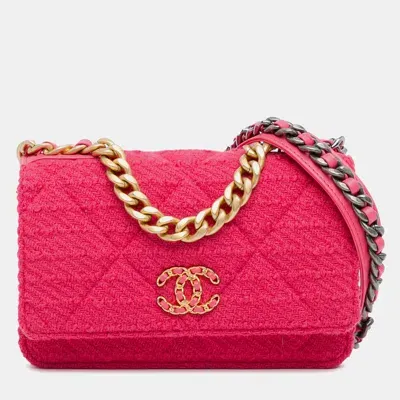 Pre-owned Chanel Tweed 19 Wallet On Chain In Pink