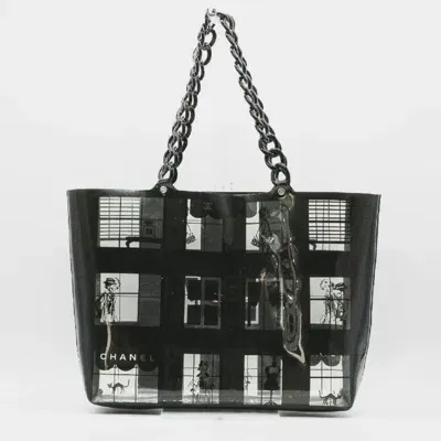 Pre-owned Chanel Vinyl Plastic Black X Clear Windows Line Chain Tote Bag