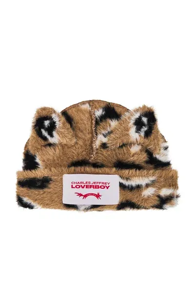 Charles Jeffrey Loverboy Fluffy Chunky Ears Beanie In Brown Leopard