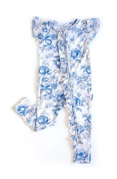 Charlie Lou Baby ® Secret Garden Toile Ruffle Flutter Sleeve Zip Romper In Blue