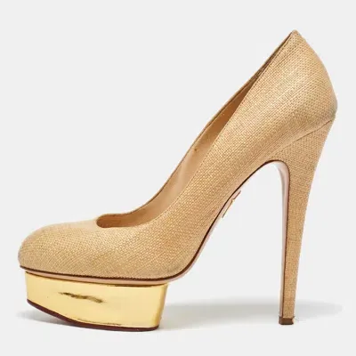 Pre-owned Charlotte Olympia Beige/gold Raffia And Leather Dolly Platform Pumps Size 41