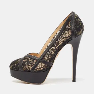 Pre-owned Charlotte Olympia Black Lace And Leather Platform Pumps Size 38