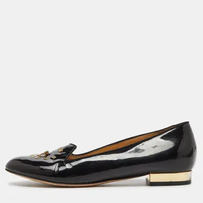 Pre-owned Charlotte Olympia Black Patent Leather Fashionably Late Clock Face Smoking Slippers Size 36