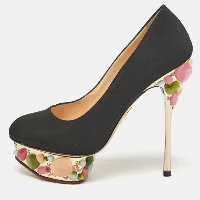 Pre-owned Charlotte Olympia Black Satin Dolly Platform Pumps Size 37.5