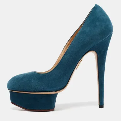 Pre-owned Charlotte Olympia Blue Suede Dolly Platform Pumps Size 38