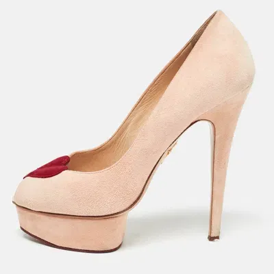 Pre-owned Charlotte Olympia Pink Suede Delphine Heart Detail Platform Pumps Size 40