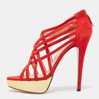 Pre-owned Charlotte Olympia Red Suede Strappy Platform Pumps Size 40