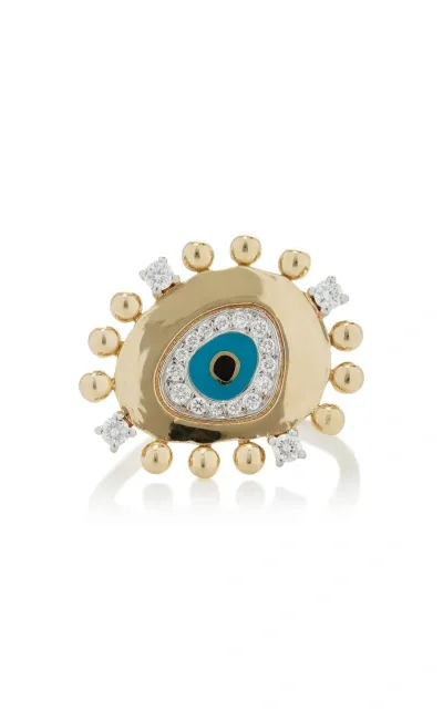 Charms Company Evil Eye 14k Yellow Gold Diamond Ring In Blue