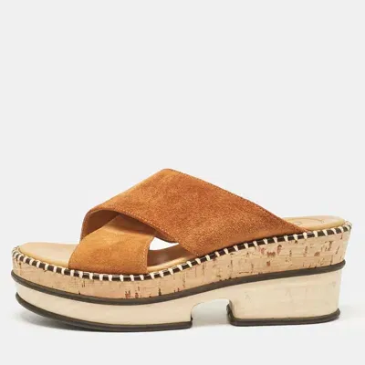 Pre-owned Chloé Brown Suede Crisscross Platform Slide Sandals Size 37