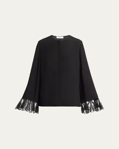 Chloé Button Down Crepe De Chine Top With Lace Sleeves In Black