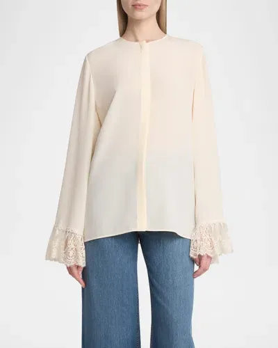 Chloé Button Down Crepe De Chine Top With Lace Sleeves In Coconut Milk