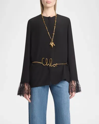 Chloé Button Down Crepe De Chine Top With Lace Sleeves In Coconut Milk