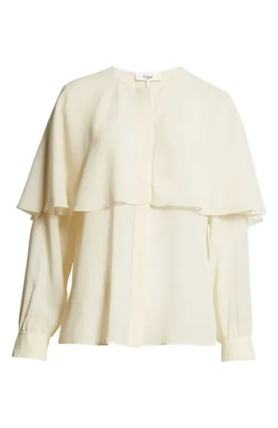 Chloé Cape Overlay Silk Georgette Button-up Shirt In Pristine White 101